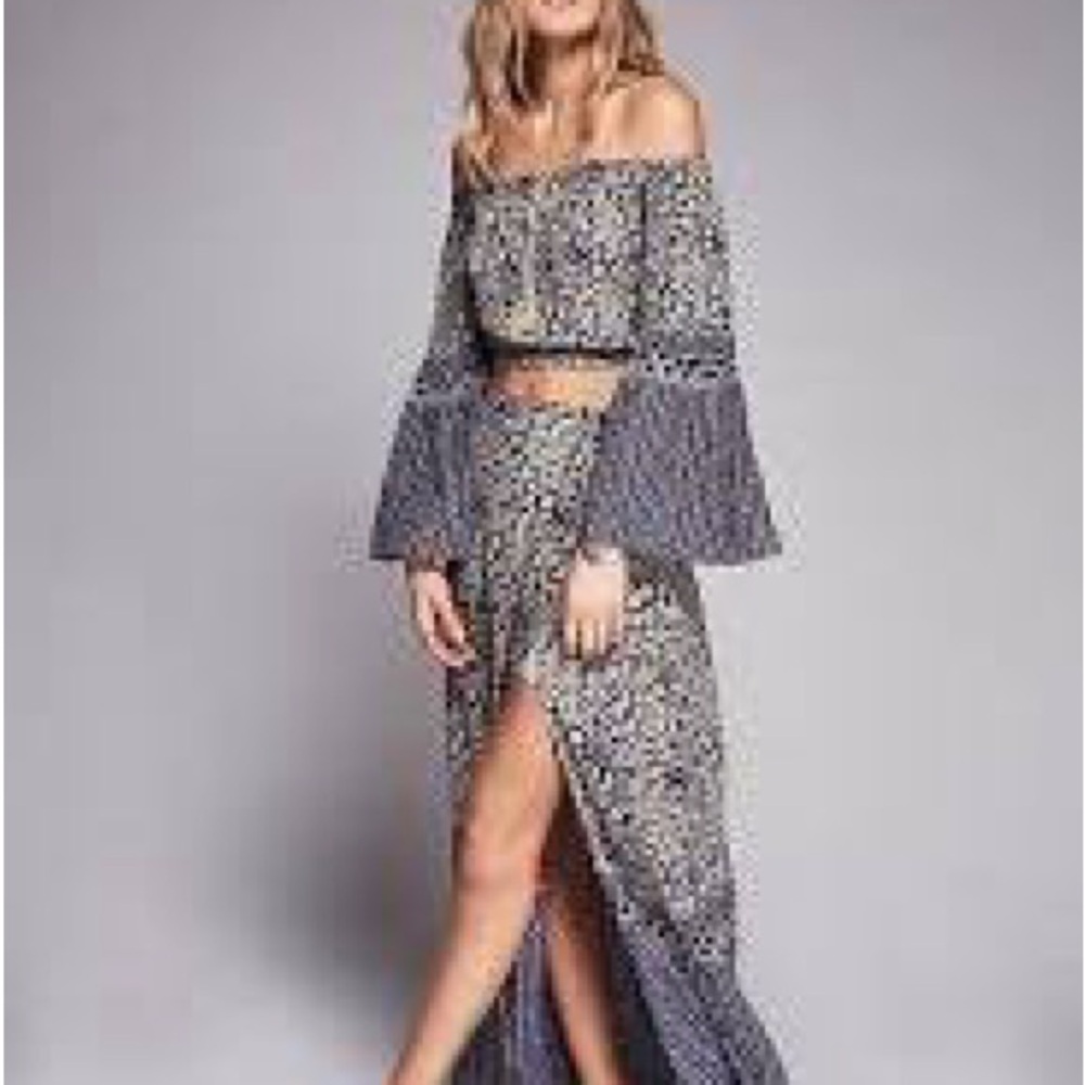 Free People “Folk Rock” Off-Shoulder Floral Print Maxi Skirt and Crop Set Sz S
